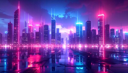 Neon cityscape reflected on water