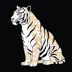 Naklejka premium Decorative sitting tiger illustration with floral pattern on white and gold stripes