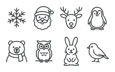 Winter holiday animal and character icons with santa, reindeer, and more