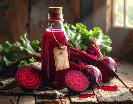 A glass bottle of vibrant beetroot juice sits amongst fresh beets and leafy greens on a rustic wooden surface.