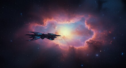 Obraz premium 宇宙船、鮮やかな星雲を航行する壮大な眺め