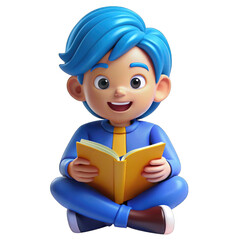 Animated boy with blue hair enthusiastically reads a book on his lap