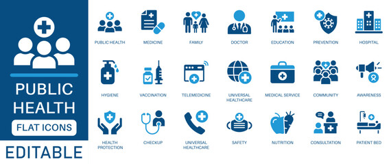 Public Health Icon Set. featuring healthcare, doctor, hospital, vaccination, hygiene, first aid, telemedicine, health education and more. Perfect for health-related projects. 