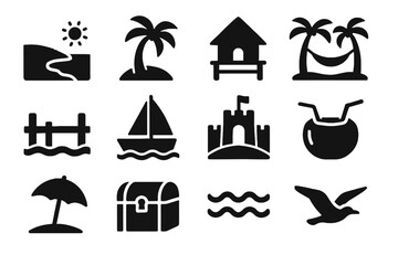 Sun tree hammock island palm icons dock chest vector icon treasure hut