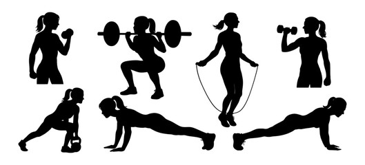 A series of silhouettes of women doing various exercises. Scene is energetic and active. Vector. Silhouette illustration.