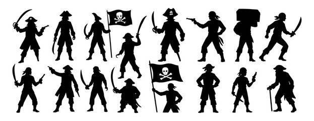 Fototapeta premium A group of pirates are standing in a line, each holding a sword and a flag. The flags are of different colors. Vector. Silhouette illustration.