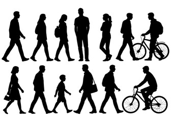 Fototapeta premium A group of people are walking down a street, some of them carrying backpacks and a bicycle. Vector. Silhouette illustration.