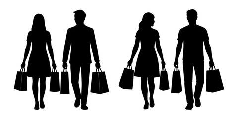 Four silhouettes of people walking down a street, each carrying a shopping bag. Scene is casual and relaxed. Vector. Silhouette illustration. © Всеволод Юданов