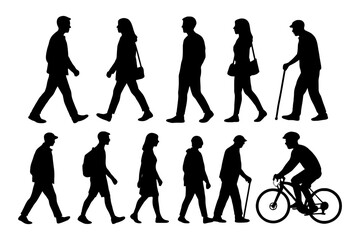 A group of people walking in a line, some carrying backpacks and handbags. Concept of everyday life. Vector. Silhouette illustration.