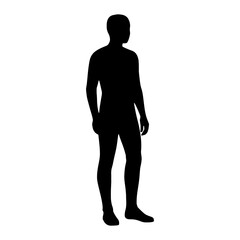 A man is standing in the middle of a white background. He is wearing no clothes. The image is black and white. Vector. Silhouette illustration.