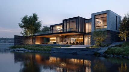 3d rendering of modern house by the river house, luxury, villa, modern, architecture, building, exterior, residential, property, designer