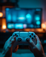Close up of gamer hand holding modern game controller with neon lights and blurred TV screen background
