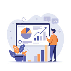 Fototapeta premium 2D flat vector illustration of a professional person analyzing data on a large infographic display with charts and an upward trend arrow, holding a tablet on a clean white background.