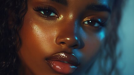 Close up of beautiful young woman. Arrows, glowing dark skin, wet lip gloss. Beauty and sensuality, portrait, face, fashion, woman, female, skin, makeup, young, model, style