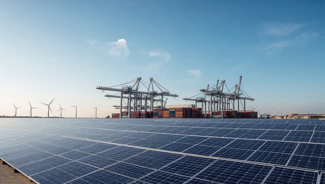 Solar-powered cargo port with electric cranes and rotating wind turbines operating