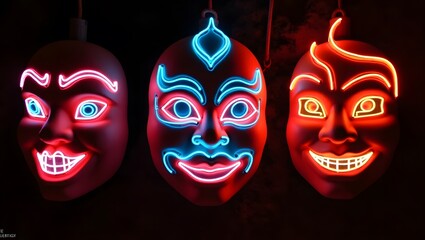Malaysia Day Theme, Malaysia cultural mask glowing in neon festival lights. selective focus