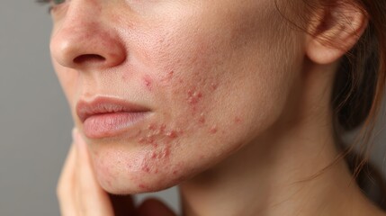 Obraz premium acne on woman face with rash skin, scar, and red skin syndrome allergic to cosmetics, use steroids, dermatology, inflammation, infection, hygiene