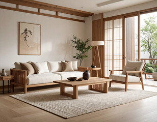 Fototapeta premium Modern minimalist living room design urban apartment interior photography contemporary style natural light serenity and comfort