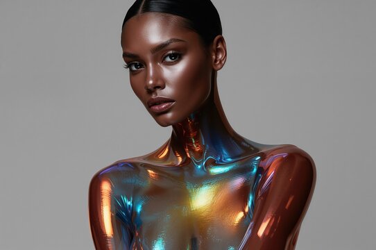 Avant-garde glass skin model glows with surreal refracted light brilliance - Powered by Adobe