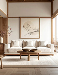 Fototapeta premium Elegant living room design with minimalist aesthetics modern home interior decor cozy atmosphere eye-level perspective serenity