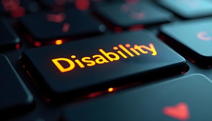 A prominent "Disability" key glows orange on a dark, backlit keyboard, symbolizing digital accessibility, inclusion, and awareness challenges