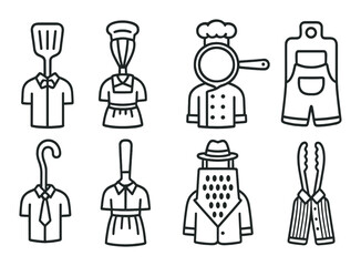 Kitchen utensils and apparel icons: spatula, apron, chef hat, pan, grater, tongs, tie