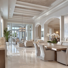 Luxury villa with swimming pool at sunset reflecting warm lights and tropical evening atmosphere