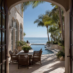 Luxury villa with swimming pool at sunset reflecting warm lights and tropical evening atmosphere