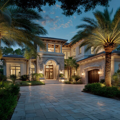 Luxury villa with swimming pool at sunset reflecting warm lights and tropical evening atmosphere