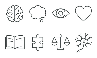 Monochrome icons representing brain, thought, vision, emotions, knowledge, solutions, justice, neurons