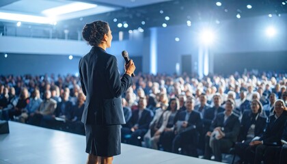 Professional Woman Speaker Addresses a Large Audience at a Conference