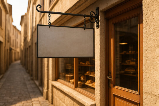 Hanging shop sign mockup in narrow alley with bakery window display in soft sunlight