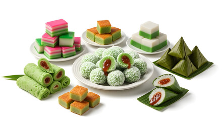 A colorful assortment of traditional Southeast Asian Nyonya kuih, featuring classic Malaysian desserts like onde-onde and kuih lapis, isolated on a white background