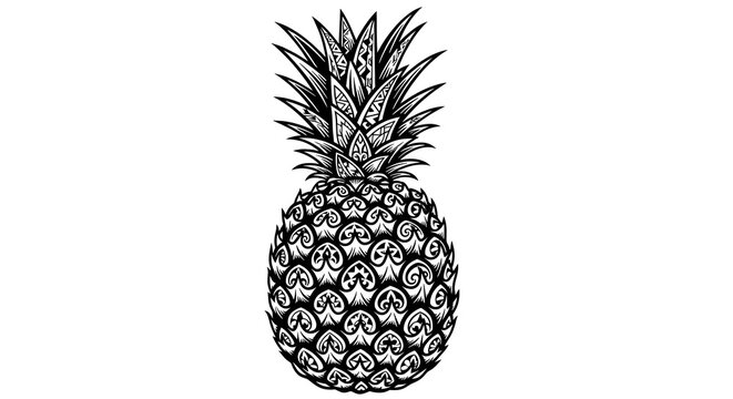 Detailed Black and White Illustration of a Pineapple, a Tropical Fruit with a Distinctive Textured Exterior and Crown of Leaves - Powered by Adobe