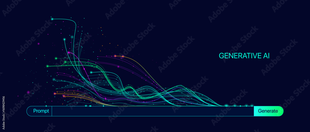 Poster illustration of abstract stream information with line and dot. big data, technology, ai, data transf