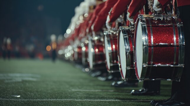 Drumline marching drums on football field