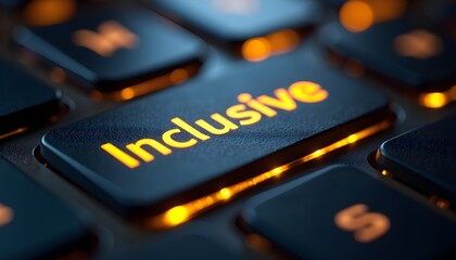 A close-up of a glowing 'Inclusive' key on a dark computer keyboard highlights the concept of diversity and accessibility in technology