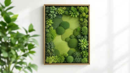 Framed moss art with various green plants hanging on a white wall with a plant to the side