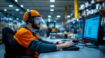 A worker in safety gear operates a computer in a warehouse setting, focusing on logistics and inventory management.