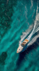 Aerial view of luxury yacht sailing on turquoise tropical ocean water leaving white wake trail