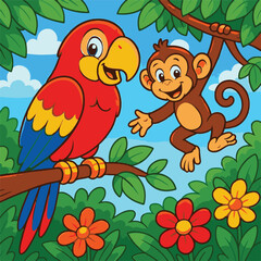 cartoon image of a parrot joking and laughing with a monkey in the forest