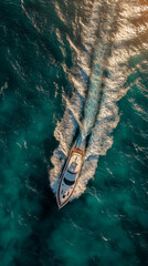 Aerial view of luxury yacht sailing on turquoise tropical ocean water leaving white wake trail