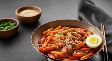 Authentic Korean Tteokbokki Spicy Rice Cakes with Hard-Boiled Egg and Sesame Seeds