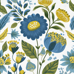 Seamless floral pattern with blue and yellow decorative flowers in folk art style on white background
