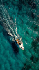 Aerial view of luxury yacht sailing on turquoise tropical ocean water leaving white wake trail