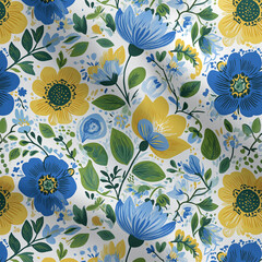 Seamless floral pattern with blue and yellow decorative flowers in folk art style on white background