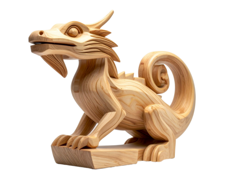 Minimalist Geometric Wooden Bearded Dragon Sculpture with Smooth Curves, Front View, Isolated on Transparent Background - Powered by Adobe
