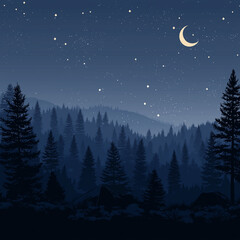 Naklejka premium Night forest landscape illustration with crescent moon shining over pine trees and starry sky