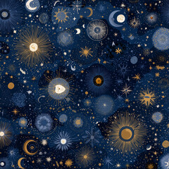 Mystical celestial pattern with golden suns moons and stars on deep blue cosmic background illustration