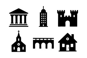 Building icons: essential architectural and construction silhouettes in bold style